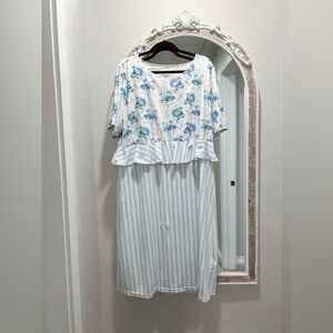 Blue & White Floral Peplum Midi Dress